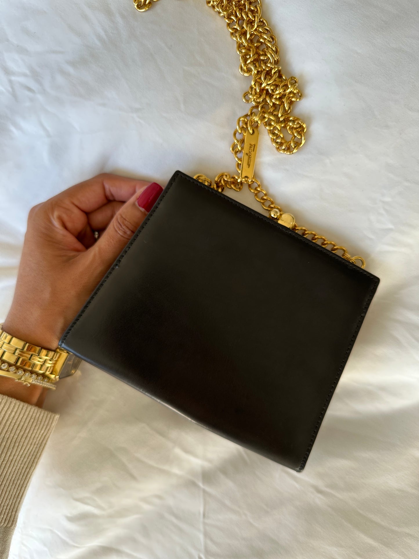 *SOLD* Salvatore Ferragamo Black Leather Evening Bag w/ Gold Chain