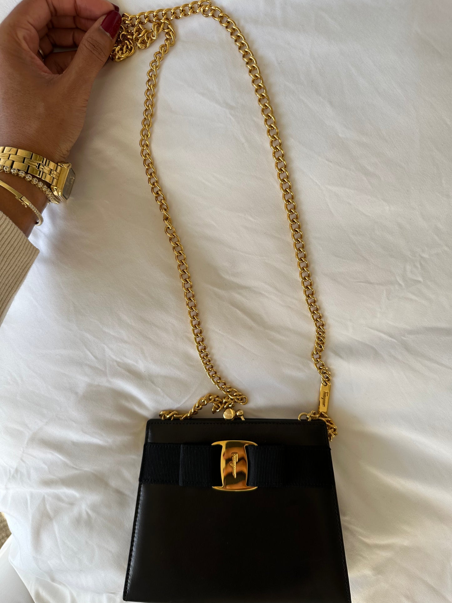 *SOLD* Salvatore Ferragamo Black Leather Evening Bag w/ Gold Chain