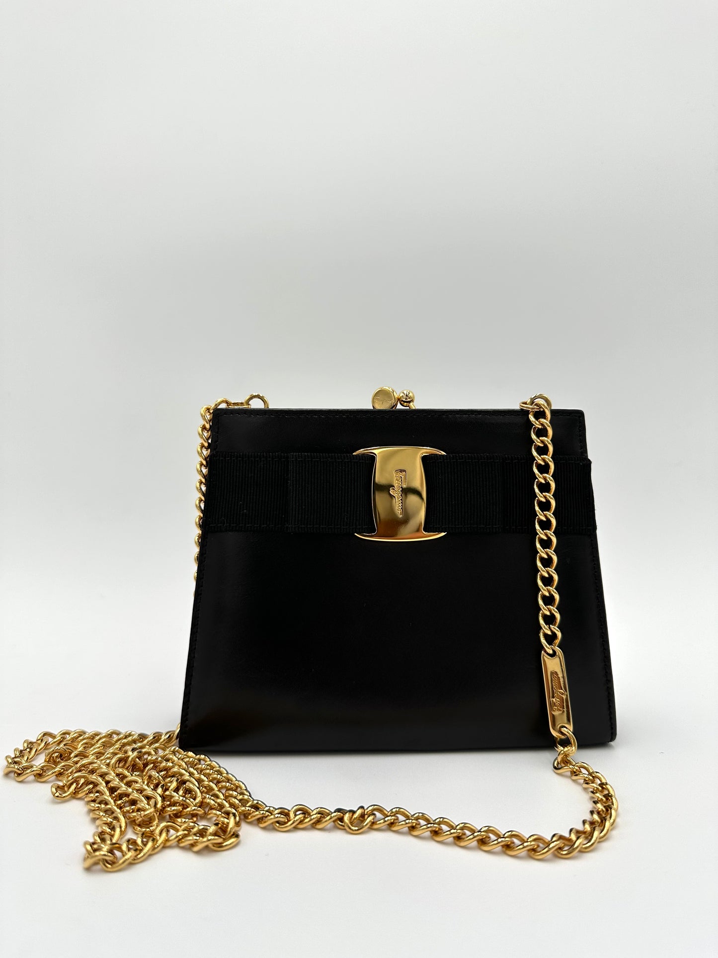 *SOLD* Salvatore Ferragamo Black Leather Evening Bag w/ Gold Chain