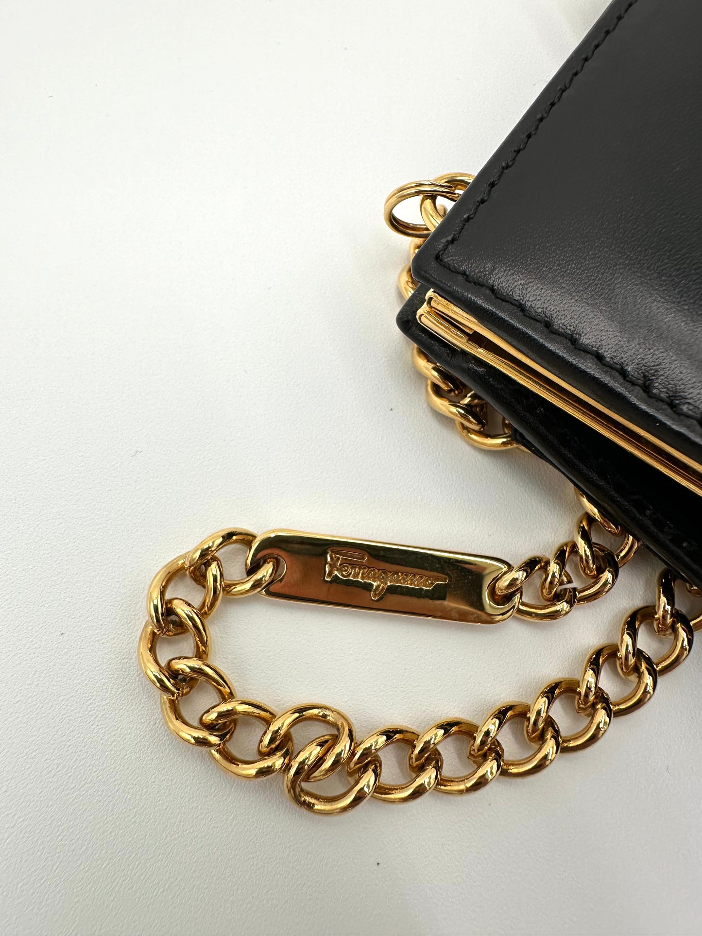 *SOLD* Salvatore Ferragamo Black Leather Evening Bag w/ Gold Chain