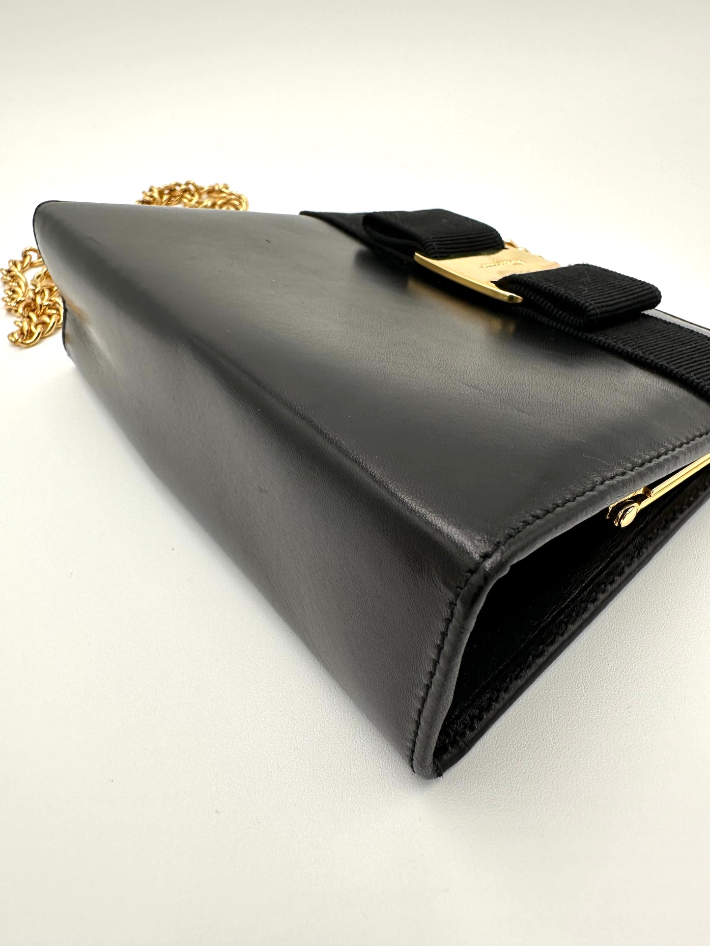 *SOLD* Salvatore Ferragamo Black Leather Evening Bag w/ Gold Chain