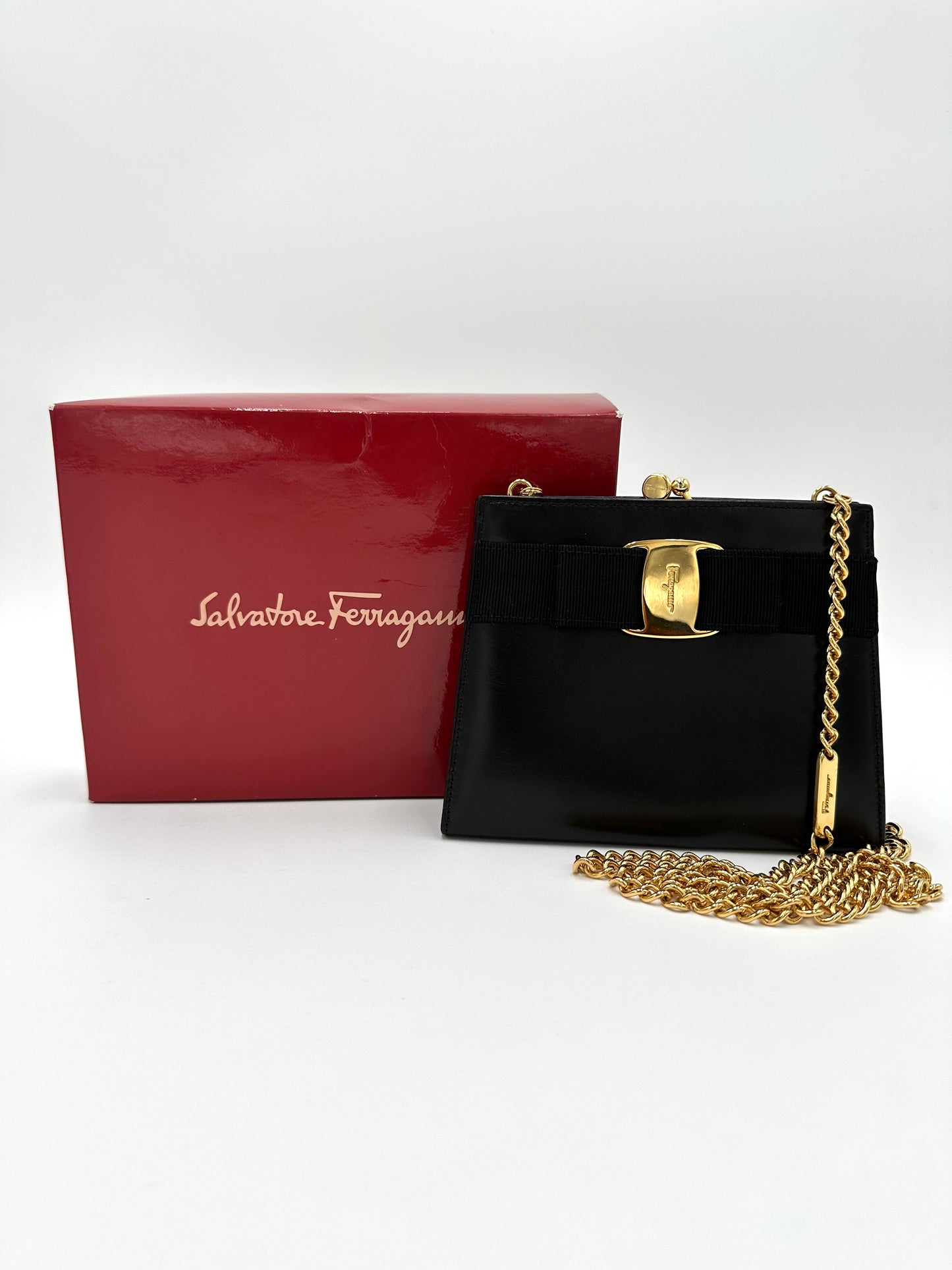 *SOLD* Salvatore Ferragamo Black Leather Evening Bag w/ Gold Chain