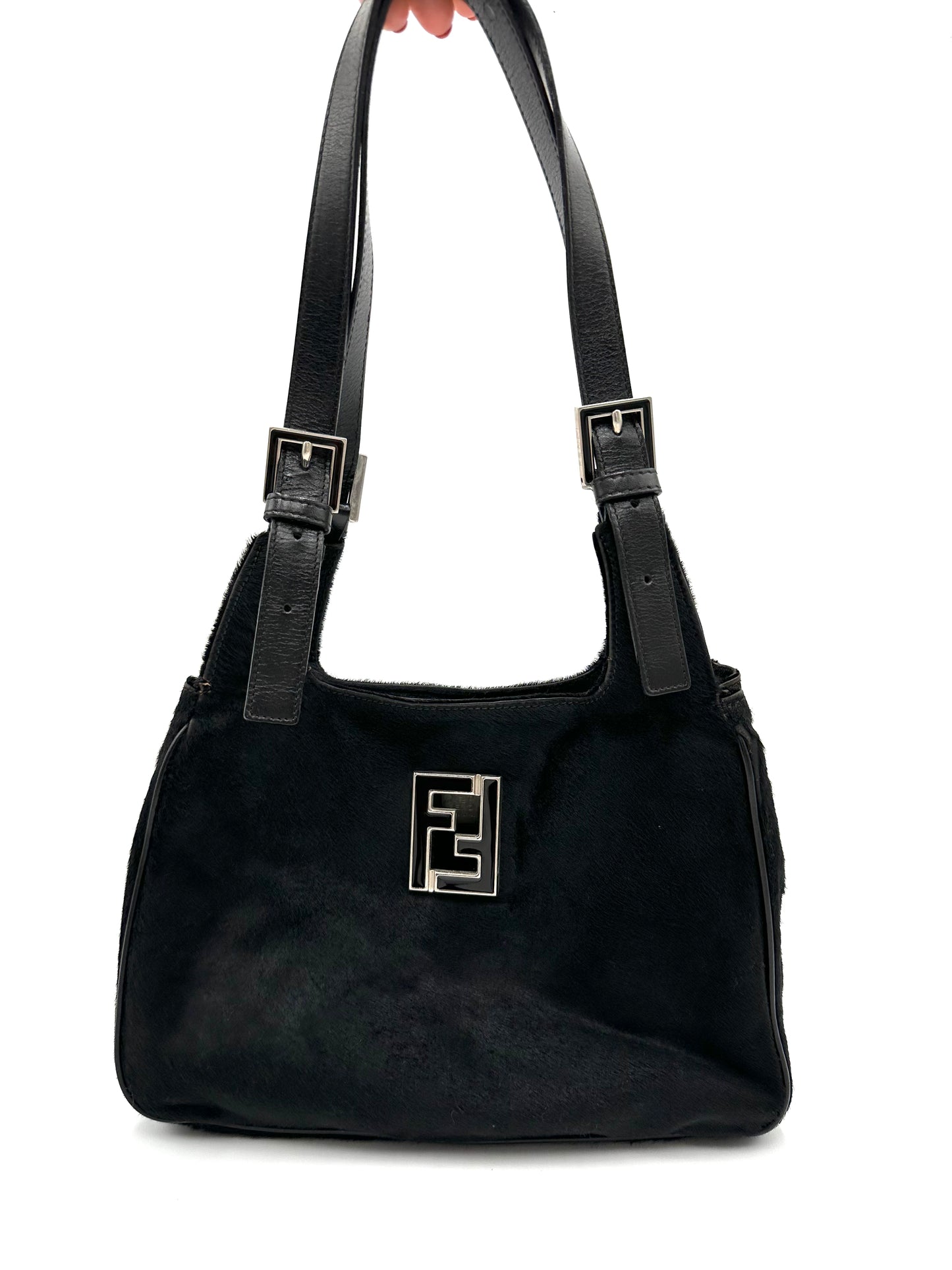 Authentic Fendi Unborn Calf Leather Black Shoulder Bag